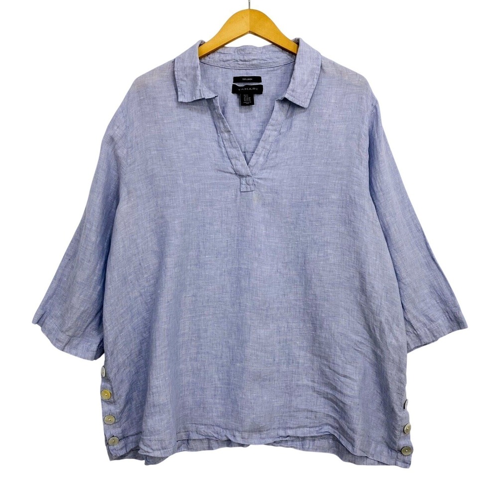 Tahari Top Womens 2X Blue Linen Tunic Casual Relaxed Gauze Nautical